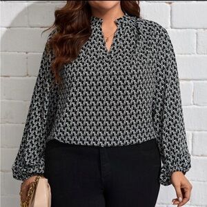 SHEIN Clasi Plus Allover Print Notched Neckline Lantern Sleeve Blouse